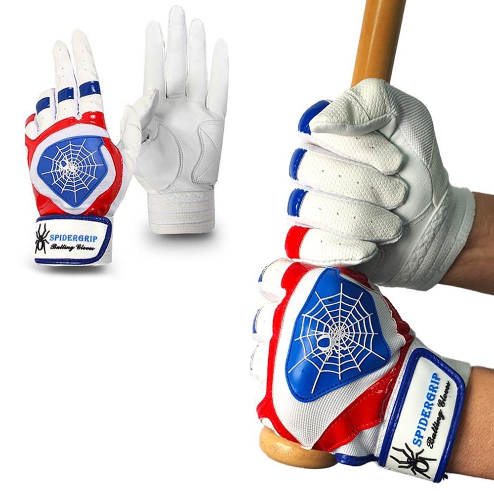 Spider Grip Premium Sheep Skin Baseball Softball Batting Gloves (Red/Blue, Medium)