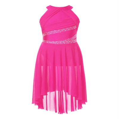 Winnrchan Kids Girls Rhinestones Halter Neck Lyrical Dance Dress Ballet Tulle Leotard Dress Hi-Lo Contemporary Dance Costume Hot Pink 14 Years