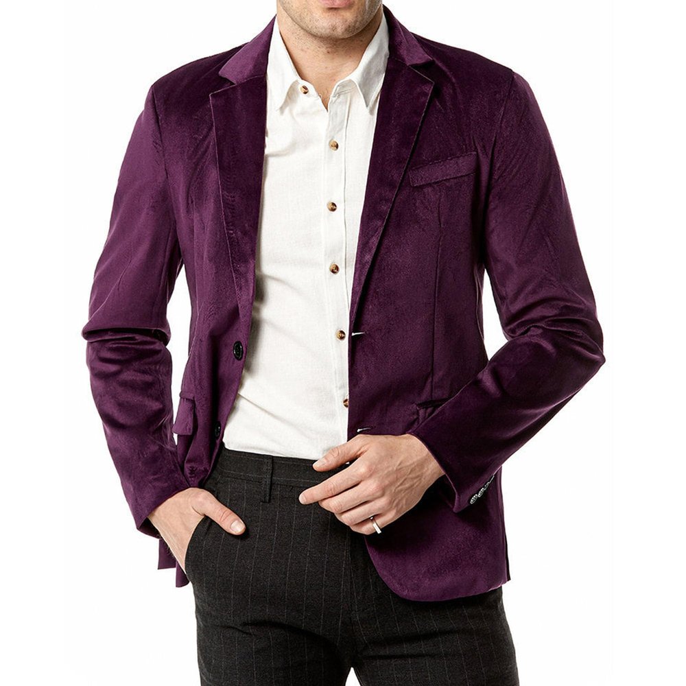 Mens Solid Color Velvet Blazer Jacket Two Button Lightweight Sport Coats Casual Loose Wedding Prom Suit Jacket (Purple,Small)