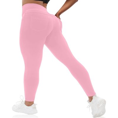 VOOVEEYA Curvy Womens Leggings, High Waisted Yoga Pants with Back Pockets, Tummy Control - Buttery Soft - Stretchy(Pink L)
