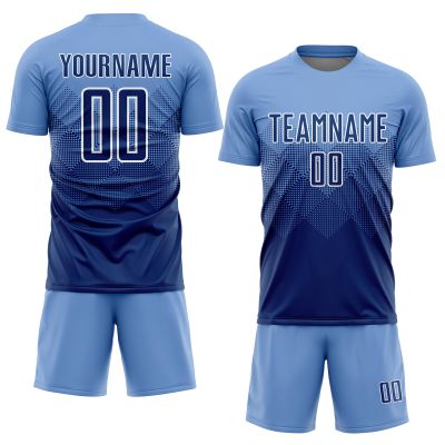 Customized Soccer Jersey Sets for Men/Women/Youth Boys Girls Personalized Football T Shirts and Shorts Printed Name Number Logo, Navy Sky Blue Round-Neck Short Sleeve Team Uniforms