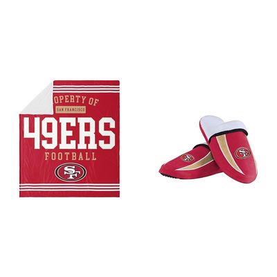 FOCO San Francisco 49ers NFL Team Property of Sherpa Fleece Blanket & San Francisco 49ers NFL Mens Sherpa Slide Slippers - L