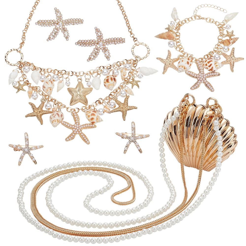 PH PandaHall 7pcs Mermaid Jewelry Set, Seashell Starfish Necklace Bracelet Mermaid Costume Accessories Pearl Collar Bib Pendant Necklace Hair Clip Crossbody Bag for Christmas Women Sea Beach