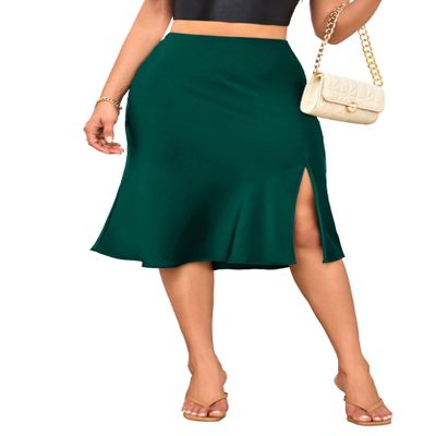 ALCEA ROSEA Women Satin Side Split Skirt High Waist Elastic Elegant A Line Midi Skirts for Women 7301 (Dark Green, M)