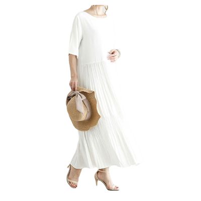 Bestgift Dress Pleated Skirt Comfortable mid-Length Women's Dresses White one Size