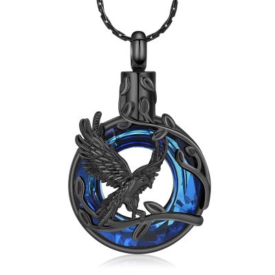 constantlife Eagle Cremation Jewelry Urn Necklace for Ashes Stainless Steel Crystal Circle Memorial Pendant Loss Human Pet Eternity Keepsake Gift for Women Men (Black-Blue)