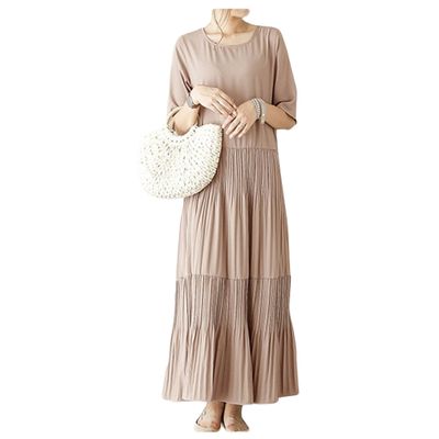 Bestgift Dress Pleated Skirt Comfortable mid-Length Women's Dresses Pink one Size