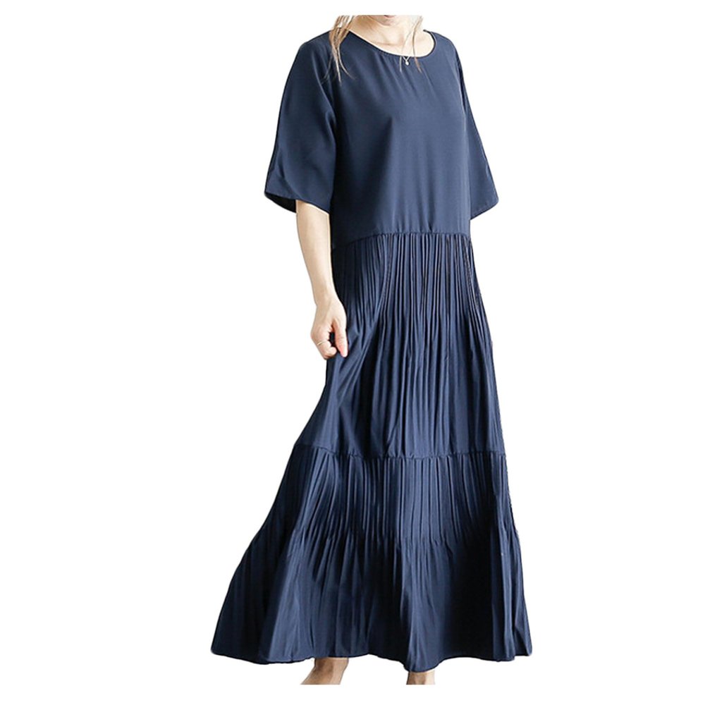Bestgift Dress Pleated Skirt Comfortable mid-Length Women's Dresses Tibetan Blue one Size
