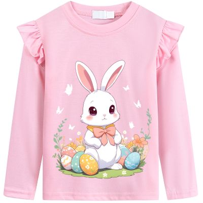 CM-Kid Easter Shirt for Toddler Girls Cute Bunny and Easter Eggs Clohtes Long Sleeves Pink Cotton Tee 4T