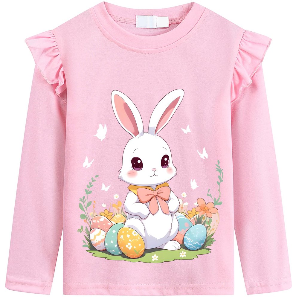 CM-Kid Easter Shirt for Toddler Girls Cute Bunny and Easter Eggs Clohtes Long Sleeves Pink Cotton Tee 4T