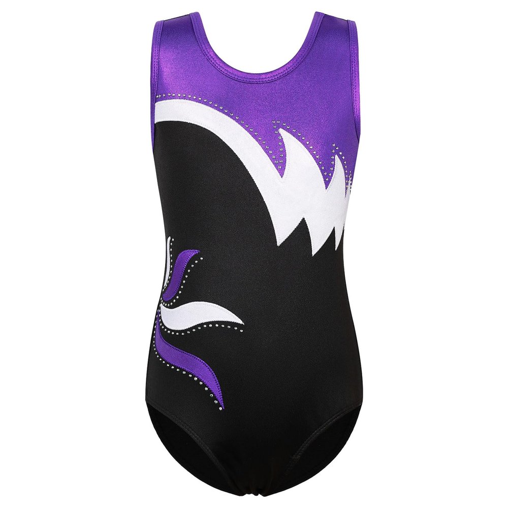 BAOHULU Girls Gymnastics Leotard Shiny Embroidery Dance Kids Children Athletic Activewear B208_BlackPurple_10A