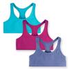 Mightly Girls' Racerback Sports Bra | Organic Cotton Fair Trade Certified 3-Pack Training Bra, Turquoise, Raspberry, Peri, 12 view 1