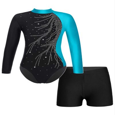 Fldy Gymnastic Leotard for Girls Kids Long Sleeve Ballet Dance Leotard with Short Dancewear Unitard Biketard Lake Blue 12 Years