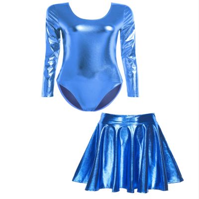 Agoky Women's Shiny Metallic Ballet Dance Leotards Long Sleeves Bodysuits with Skirts for Raves Party Blue Large