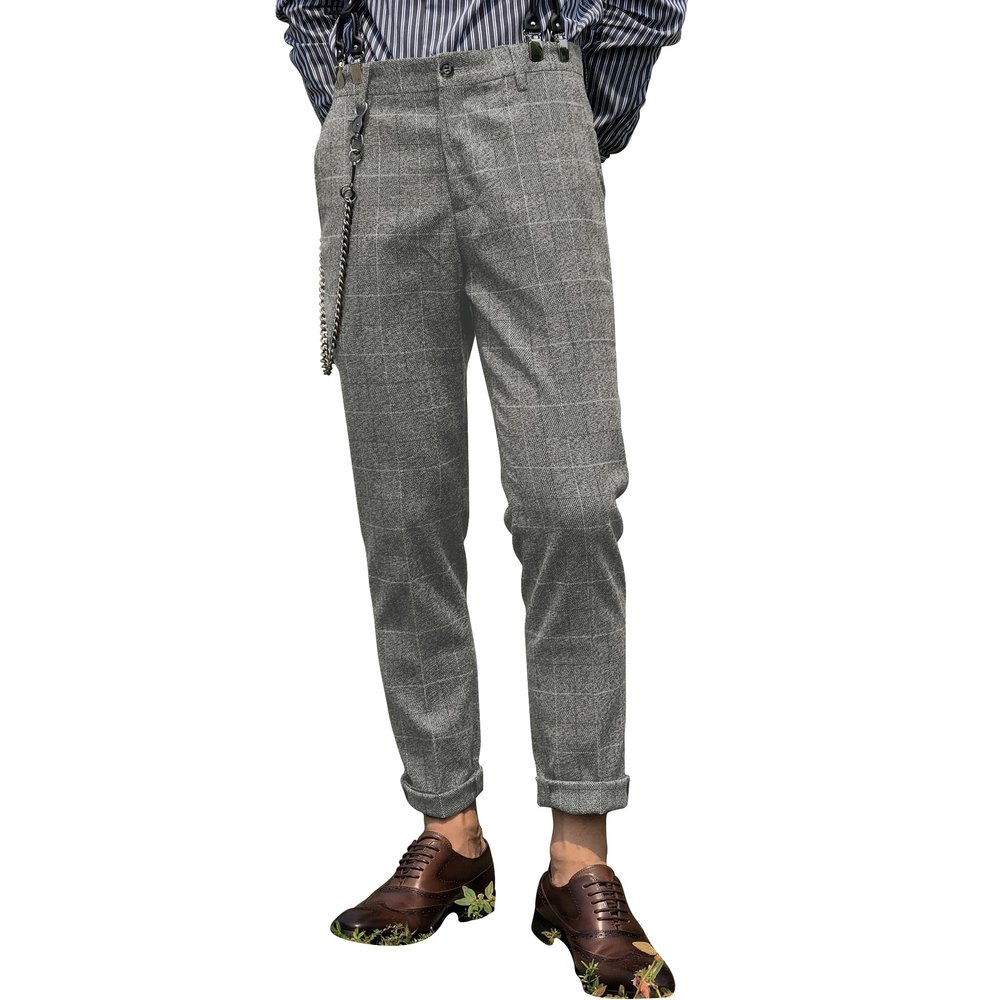 Aesido Mens Herringbone Slim Fit Tweed Wool Plaid Trousers Retro Dress Business Suit Pantsgrey38W*30L