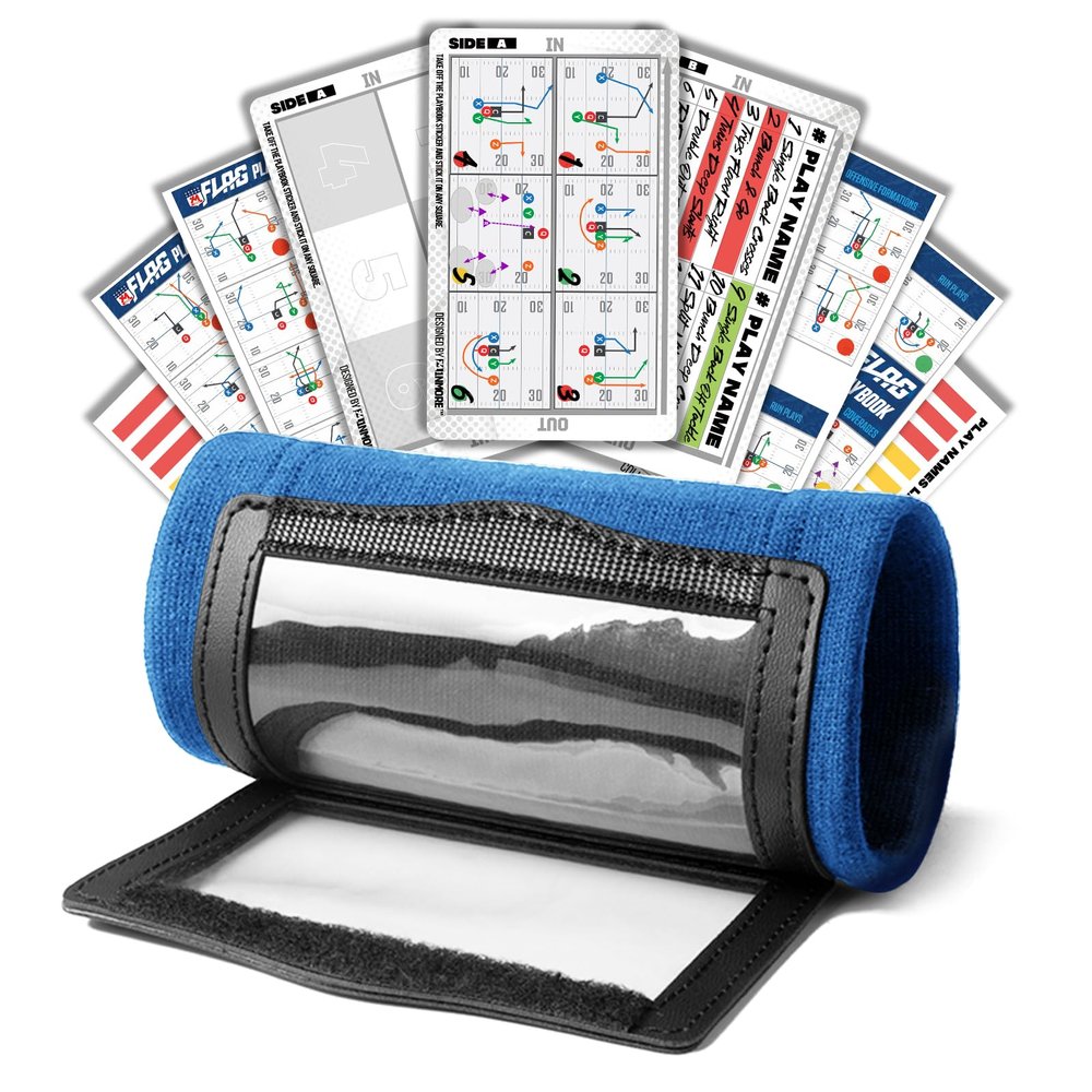 1NMORE 5v5, 7v7 Football Wristbands with Playbook System, Quarterback Wrist Coach for Youth, Flag Football Wrist Bands with Plays Stickers & PVC Cards (Blue, 5 on 5)