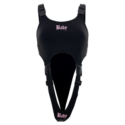 Women Sleeveless Bodysuit Buckle Shoulder Strap Letters Printed Cutout Jumpsuit Cosplay Costume Clubwear Slee