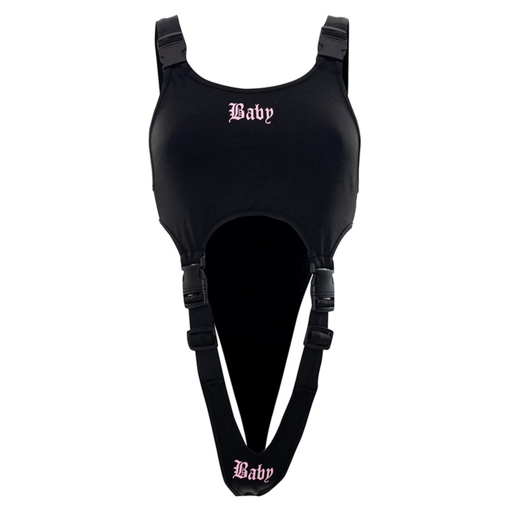 Women Sleeveless Bodysuit Buckle Shoulder Strap Letters Printed Cutout Jumpsuit Cosplay Costume Clubwear Slee