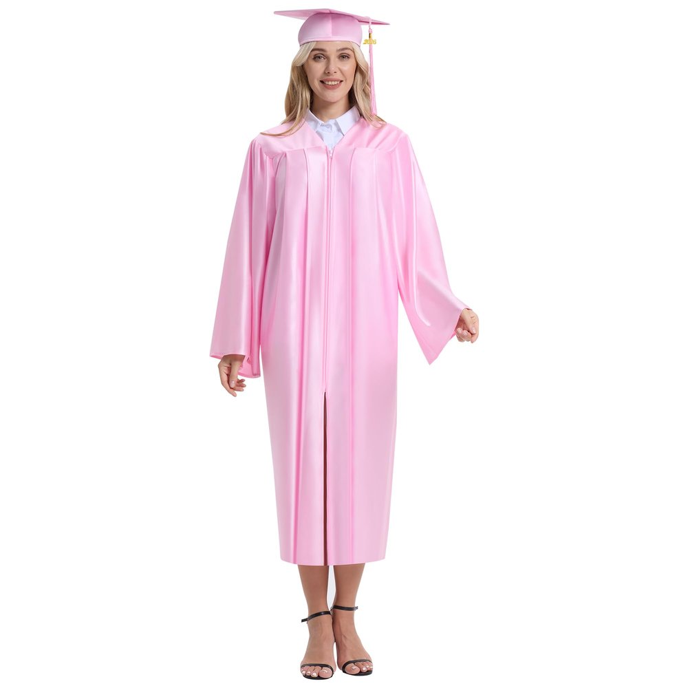TngHui Unisex Shiny Pink Graduation Gown Cap with Tassel 2026 Year Charm for High School and College Graduates Size 45(5'0"-5'2")