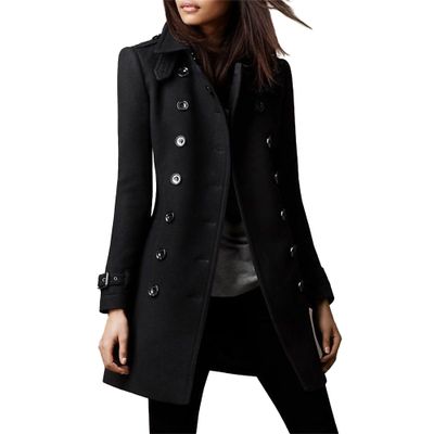 Maiyifu-GJ Womens Mid Long Wool Blend Coats Notched Lapel Collar Double Breasted Coat Fall Winter Jackets Overcoat (Black,3X-Large)