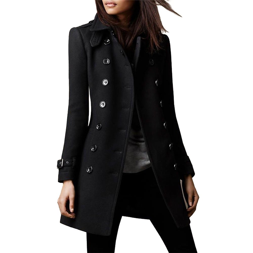 Maiyifu-GJ Womens Mid Long Wool Blend Coats Notched Lapel Collar Double Breasted Coat Fall Winter Jackets Overcoat (Black,3X-Large)
