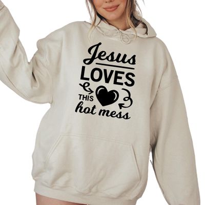 Jesus Loves This Hot Mess Sweatshirt, Religious Apparel, Gift for Prayer, Bible Verse Hoodie, Church Sweatshirt, Gift for Jesus Lover Multiple Colors