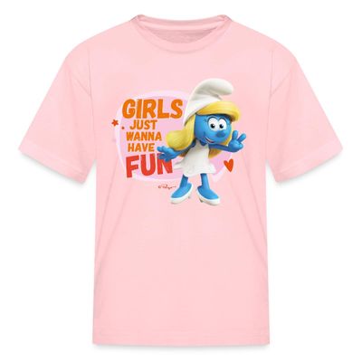 Spreadshirt The Smurfs Smurfette Girls Just Wanna Have Fun Kid's T-Shirt, L, Pink