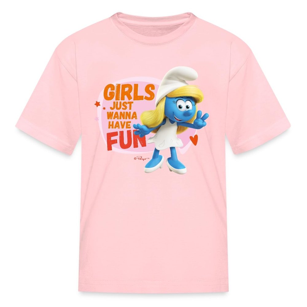 Spreadshirt The Smurfs Smurfette Girls Just Wanna Have Fun Kid's T-Shirt, L, Pink