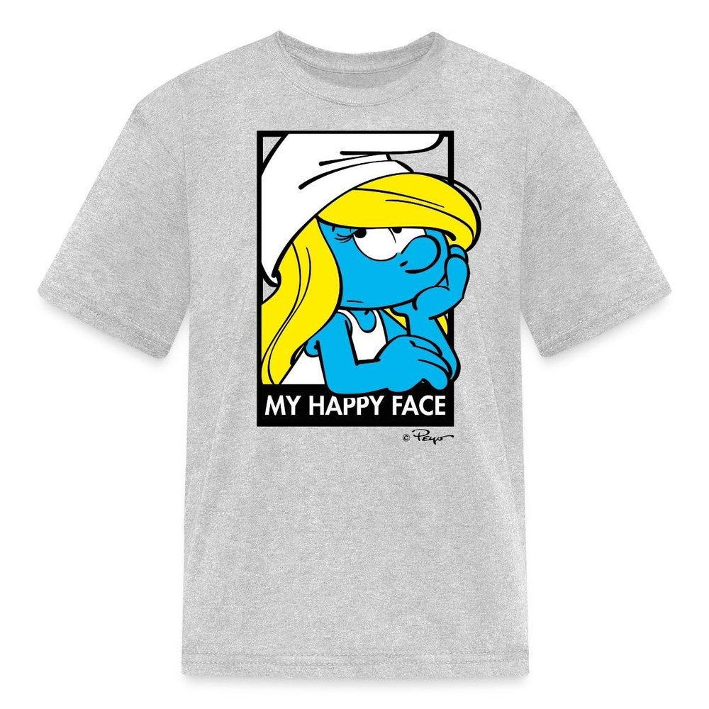 Spreadshirt The Smurfs Smurfette My Happy Face Kid's T-Shirt, L, Heather Gray