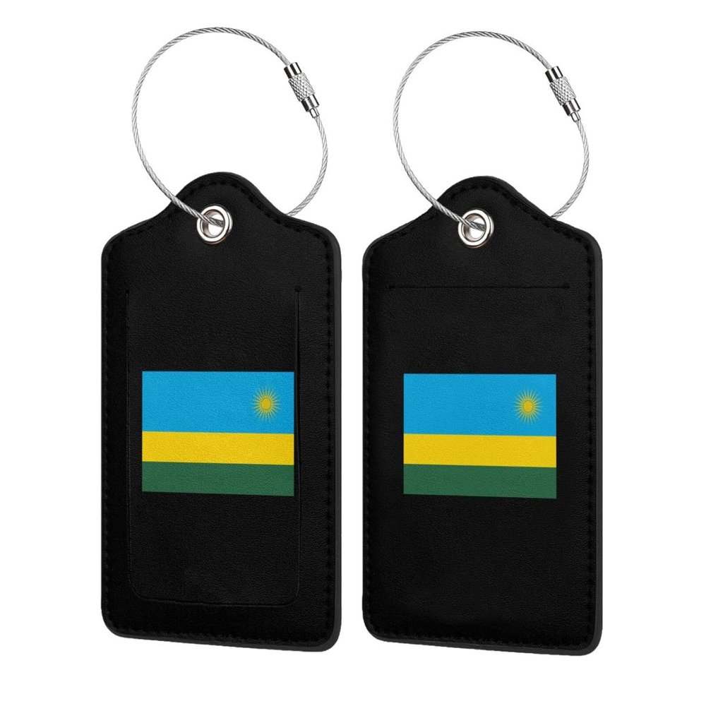 Rwanda Flag Leather Baggage Bag Luggage Tags with Stainless Steel Loop and Privacy Cover
