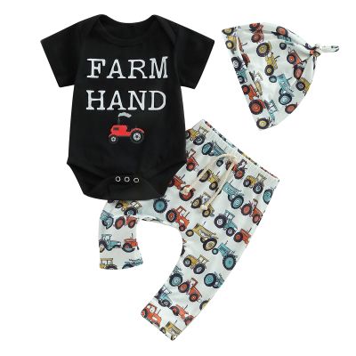 Baby Layette Set Infant Boy Farm Animals Bodysuit Clothes Letter Romper+Pants Newborn Coming Home Outfit with Hat (A Black, 12-18 Months)
