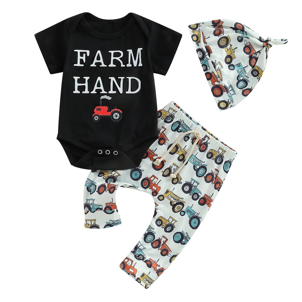 Baby Layette Set Infant Boy Farm Animals Bodysuit Clothes Letter Romper+Pants Newborn Coming Home Outfit with Hat (A Black, 12-18 Months)