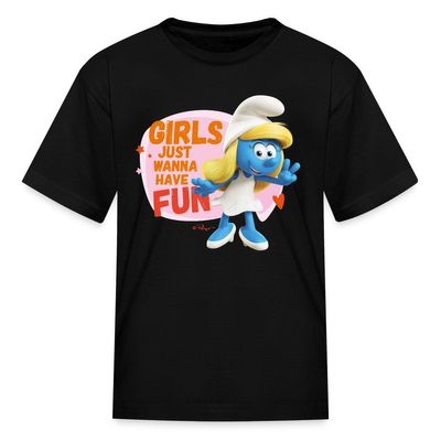 Spreadshirt The Smurfs Smurfette Girls Just Wanna Have Fun Kid's T-Shirt, S, Black