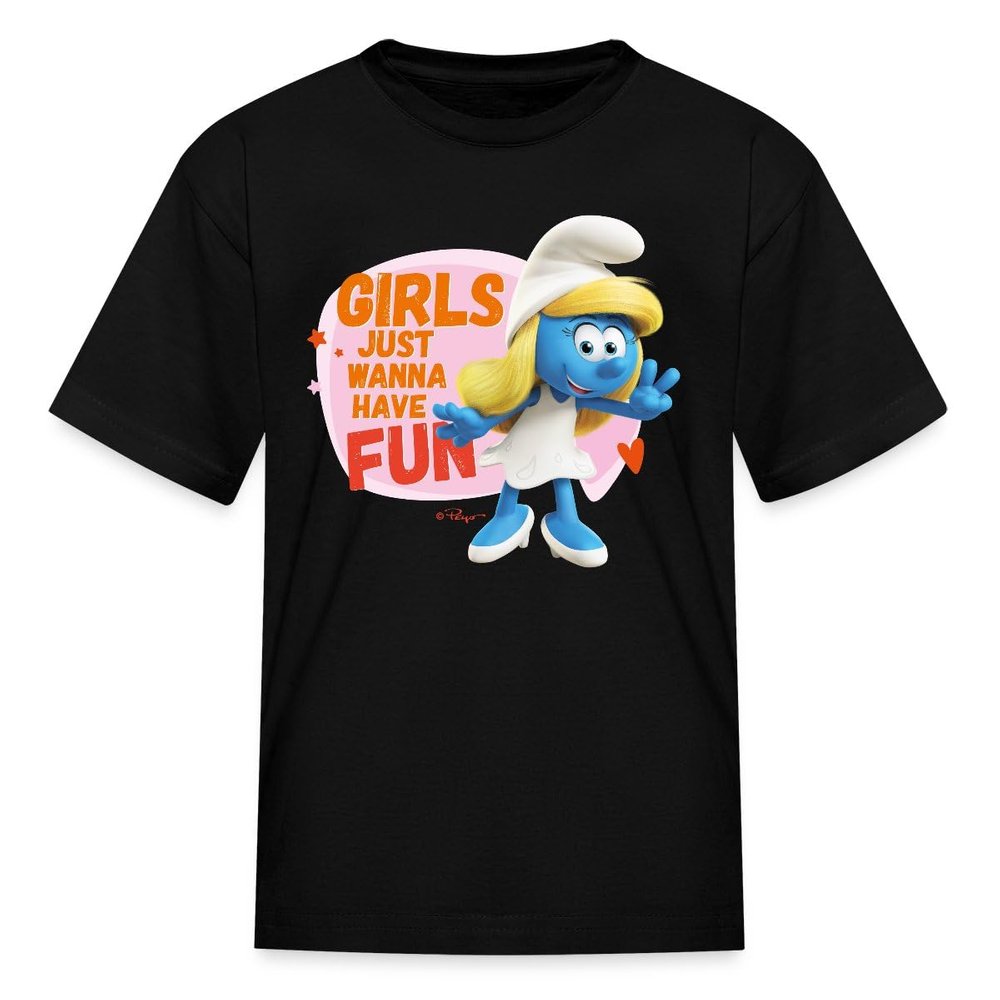 Spreadshirt The Smurfs Smurfette Girls Just Wanna Have Fun Kid's T-Shirt, S, Black