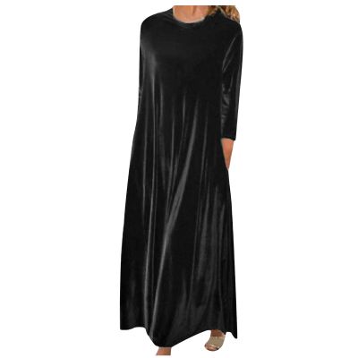 Velvet Maxi Dress for Women Long Sleeve Crewneck Shirts Vintage Dress Casual Plus Size Solid Pullover Dress Tunic Tops