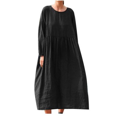 Women's Plus Size Tunic Dress Summer Cotton Linen Shirt Long Sleeve Maxi Dresses Loose Flowy Crewneck Beach Boho Dress Black