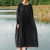 Women's Plus Size Tunic Dress Summer Cotton Linen Shirt Long Sleeve Maxi Dresses Loose Flowy Crewneck Beach Boho Dress Black view 2