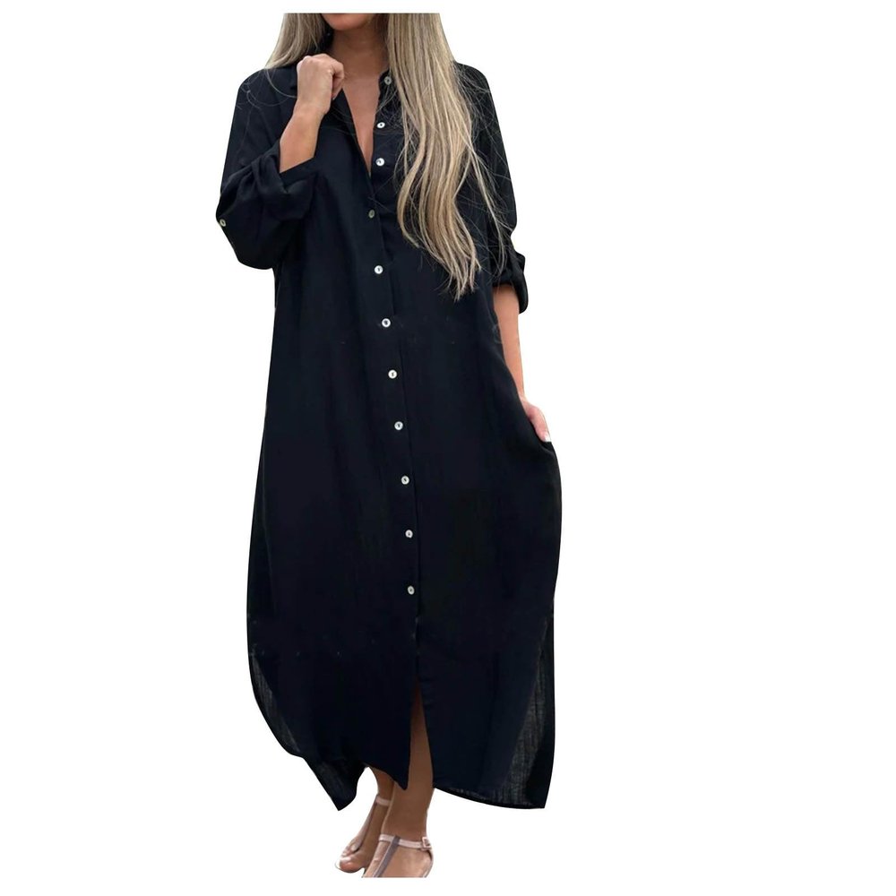 Womens Casual Long Sleeve Button Down Dress Loose Cotton Linen Maxi Shirt Dress Plus Size Flowy Summer Beach Long Dress Black