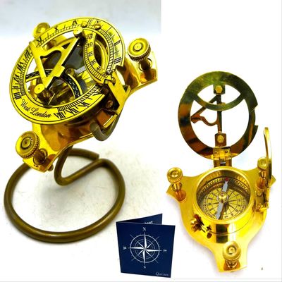 Sundial Compass - Solid Brass Sun Dial Compass with Display Stand and Greeting Nautical Home Decor Gifts Fully Functional (3' Inch Golden)