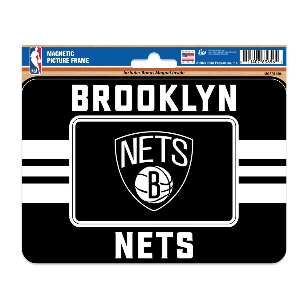 Rico Industries NBA Basketball Brooklyn Nets Stripes Magnetic Picture Frame (5"x6.75") & Magnet Combo Set - Home Dcor - Regrigerator, Office, Kitchen