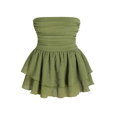 CIDER Women's Summer Cocktail Dress - Tube Ruched Ruffle Mini Dress: Green, XS
