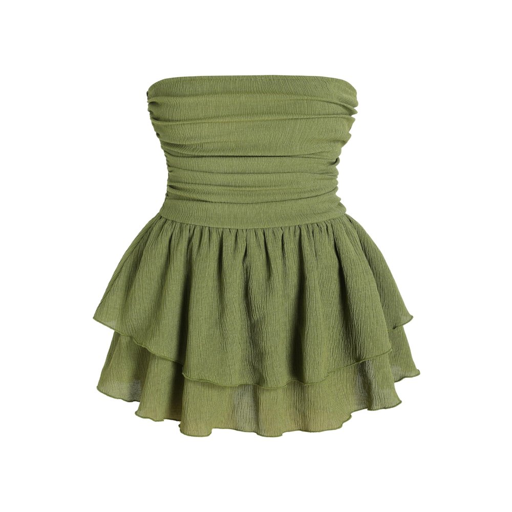 CIDER Women's Summer Cocktail Dress - Tube Ruched Ruffle Mini Dress: Green, XS