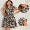 Allegra K Summer Chiffon Floral Shirt Dress for Women's Cap Sleeve Drawstring Waist Dresses Large Black-Yellow view 2