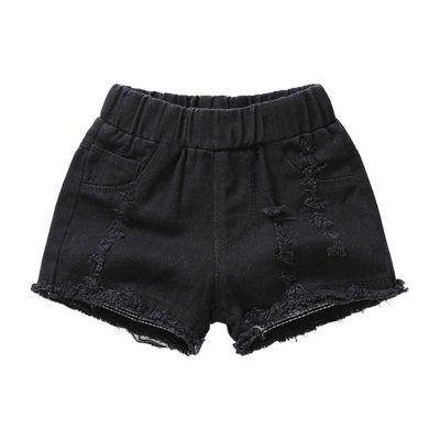 Kids Denim Shorts with Pocket Girls Solid Color High Waist Elastic Ripped Jeans Summer Casual Shorts (Black, 5-6 Years)