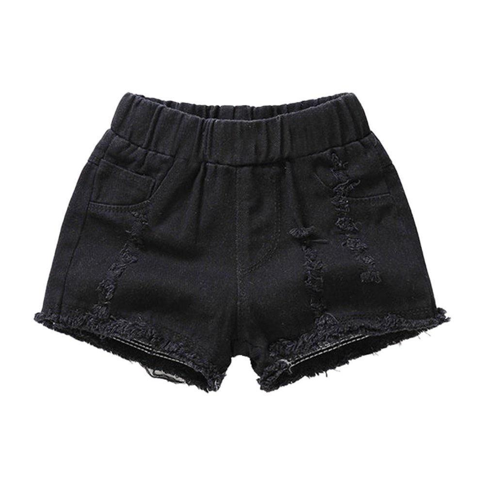 Kids Denim Shorts with Pocket Girls Solid Color High Waist Elastic Ripped Jeans Summer Casual Shorts (Black, 5-6 Years)