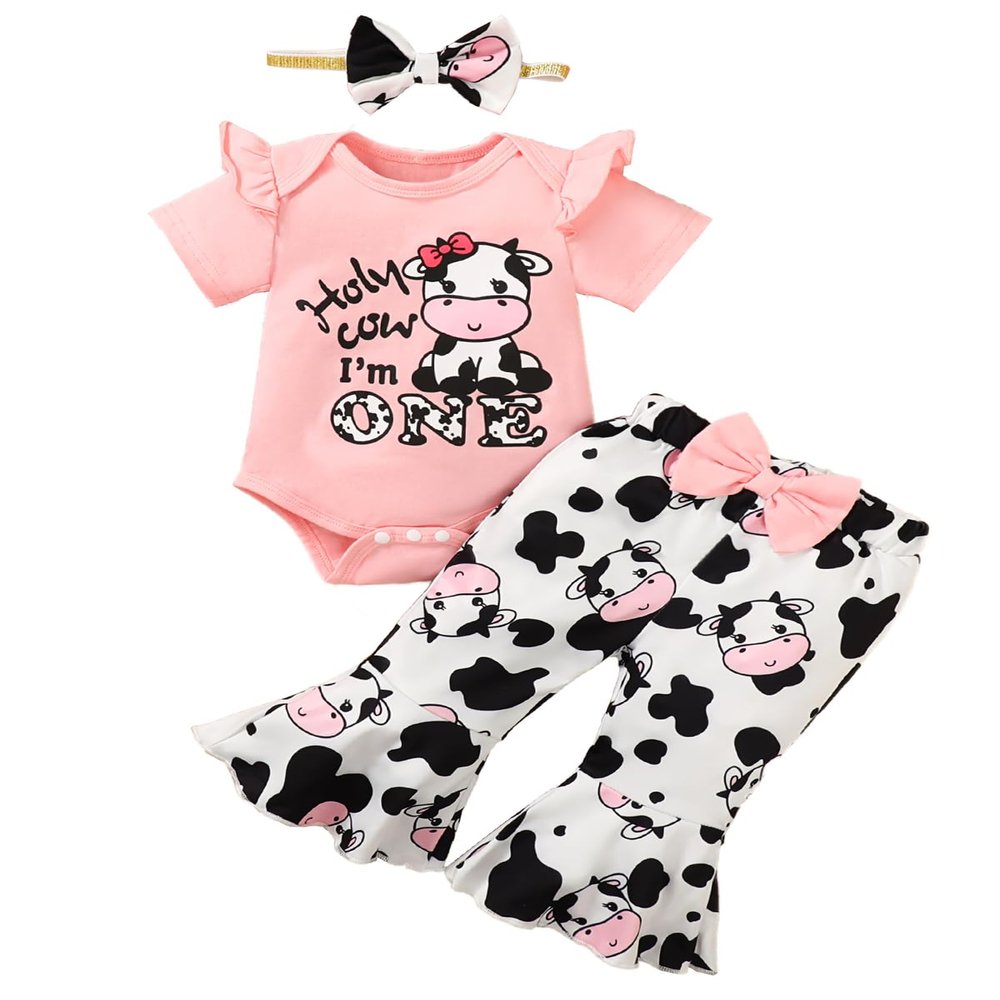 Slanavel Baby Girl First Birthday Outfit 1st Birthday Girl Clothes Holy Cow Im One Girl Outfit (Pink-Short,6-12 Months)
