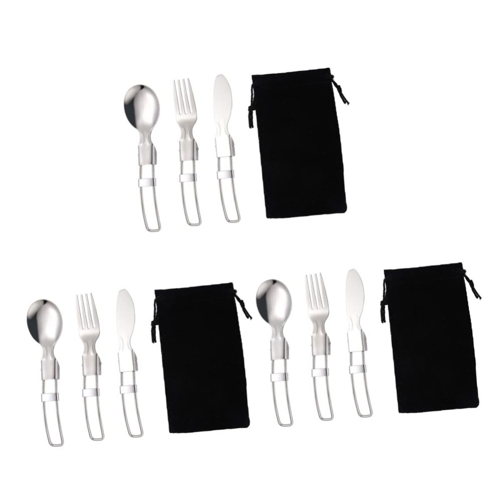 Kisangel 3sets Stainless Steel Camping Cutlery Storage Bag Convenient Outdoor Utensils for Hiking Picnics Barbecues and to Clean and Portable Tableware