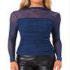 Allegra K Mesh Top Women Sheer Long Sleeve Mock Neck Slim Fit Shirts Trendy Fall Outfit Ruched Going Out Tops X-Small Dark Blue view 1