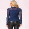 Allegra K Mesh Top Women Sheer Long Sleeve Mock Neck Slim Fit Shirts Trendy Fall Outfit Ruched Going Out Tops X-Small Dark Blue view 2