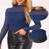 Allegra K Mesh Top Women Sheer Long Sleeve Mock Neck Slim Fit Shirts Trendy Fall Outfit Ruched Going Out Tops X-Small Dark Blue view 4